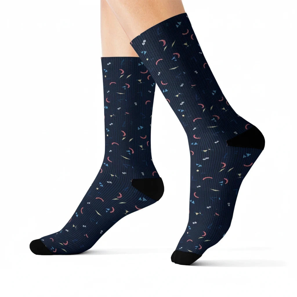 Closet Nerdz Incognito Mode dress socks featuring a dark blue pattern with small geometric shapes on a model