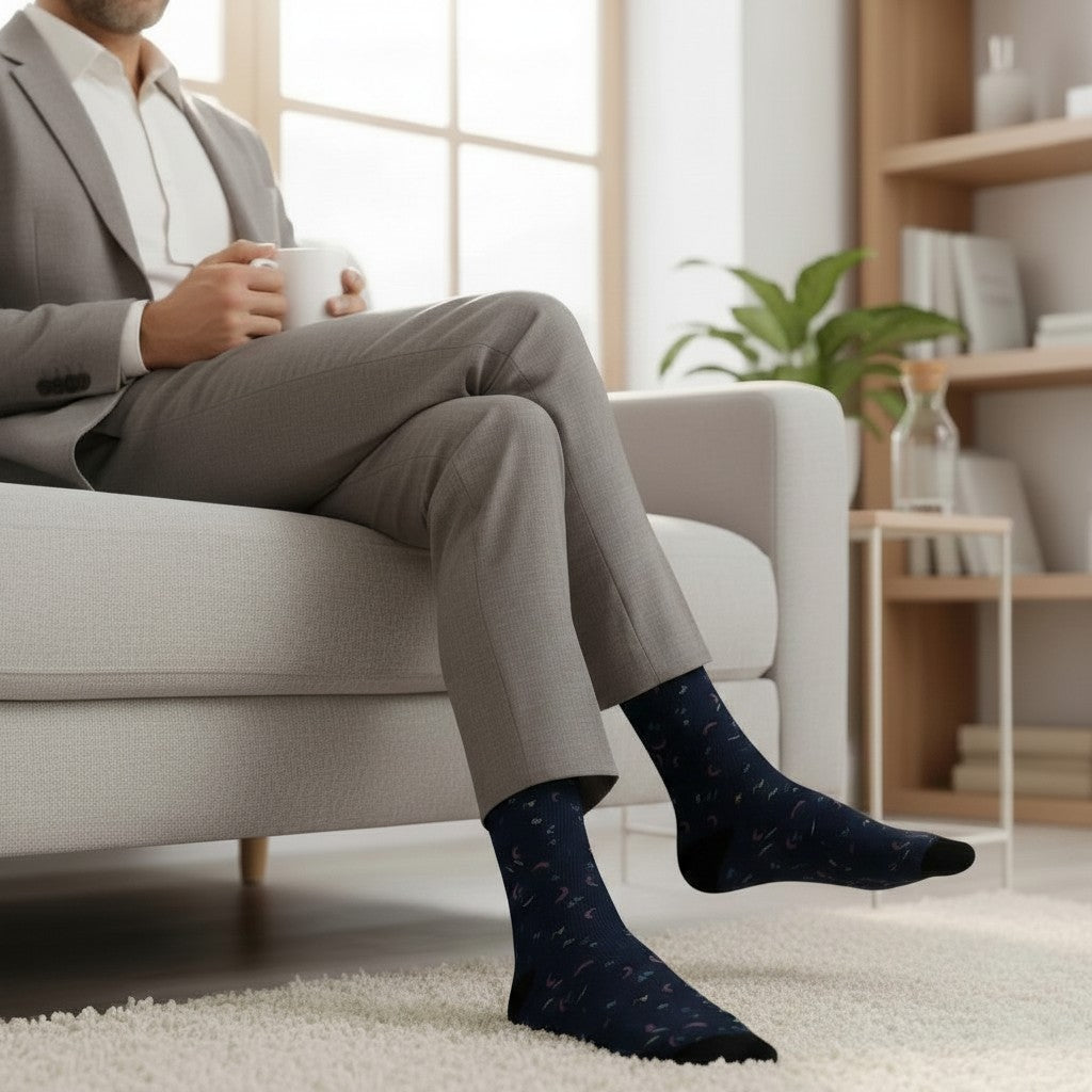 Closet Nerdz Incognito Mode dress socks with a subtle water-inspired pattern worn by a man in a grey suit.