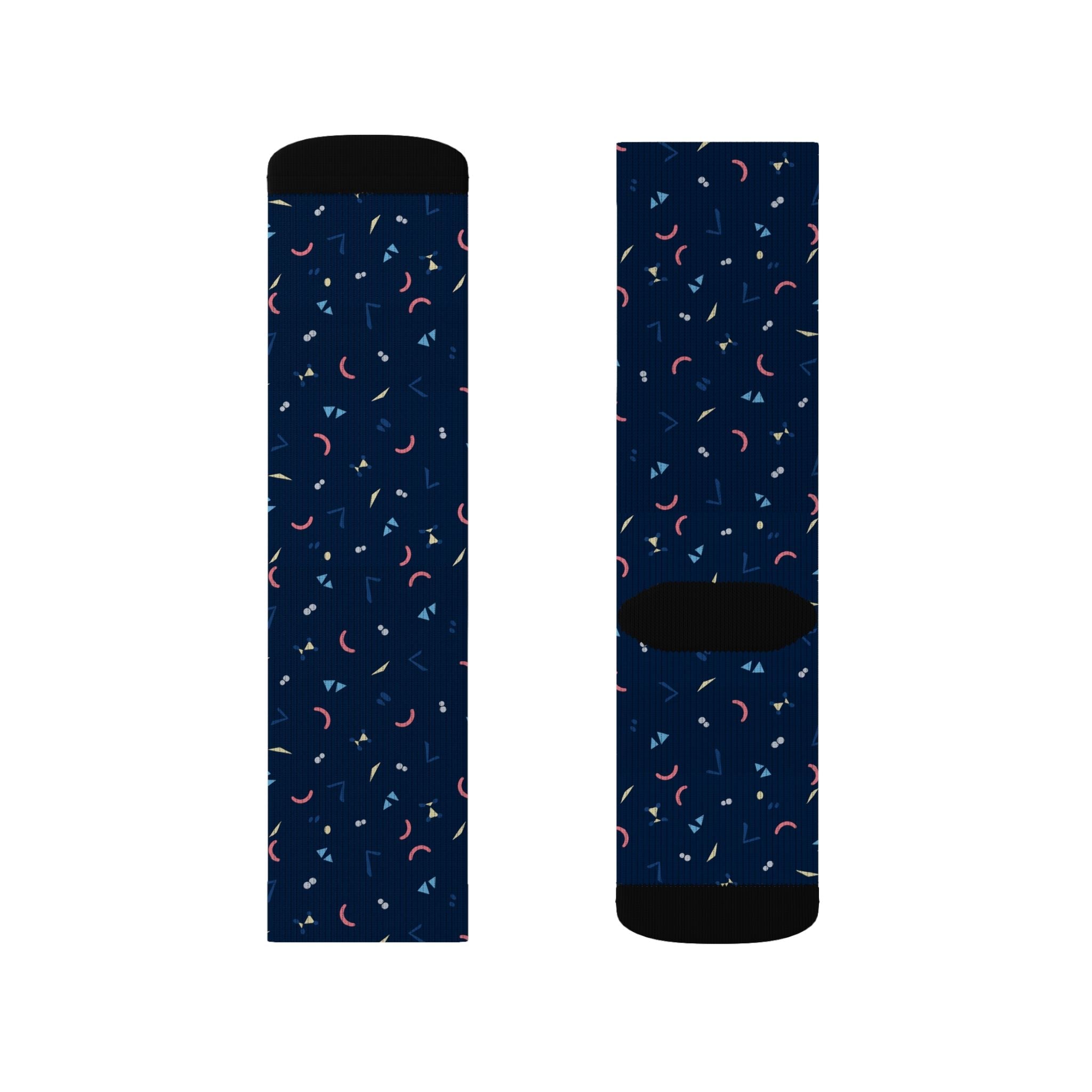 Closet Nerdz Essentials Incognito Mode dress socks with a dark blue geometric pattern and black ribbed cuffs.