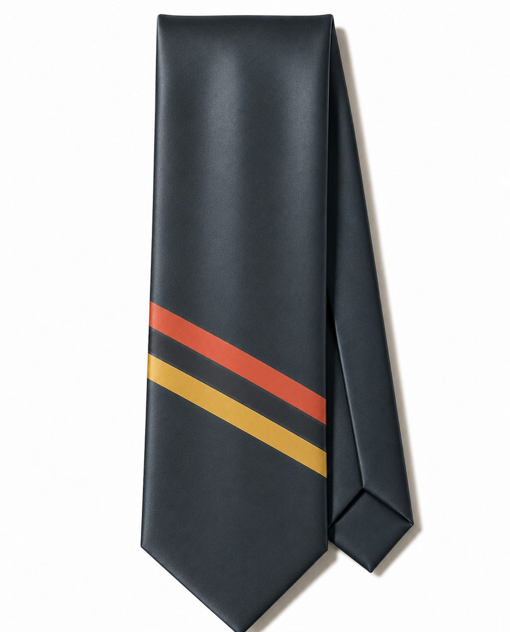 Closet Nerdz Moonlit satin tie in deep charcoal with minimalist red-orange and golden yellow accent stripes.