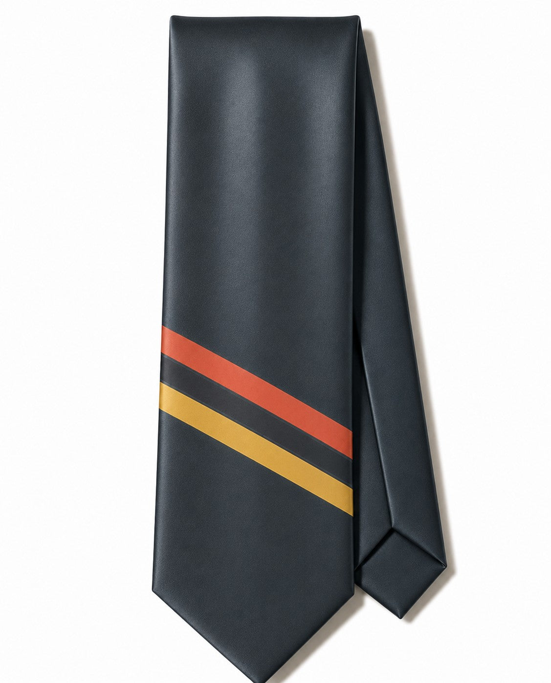 Closet Nerdz Moonlit satin tie in deep charcoal with minimalist red-orange and golden yellow accent stripes.