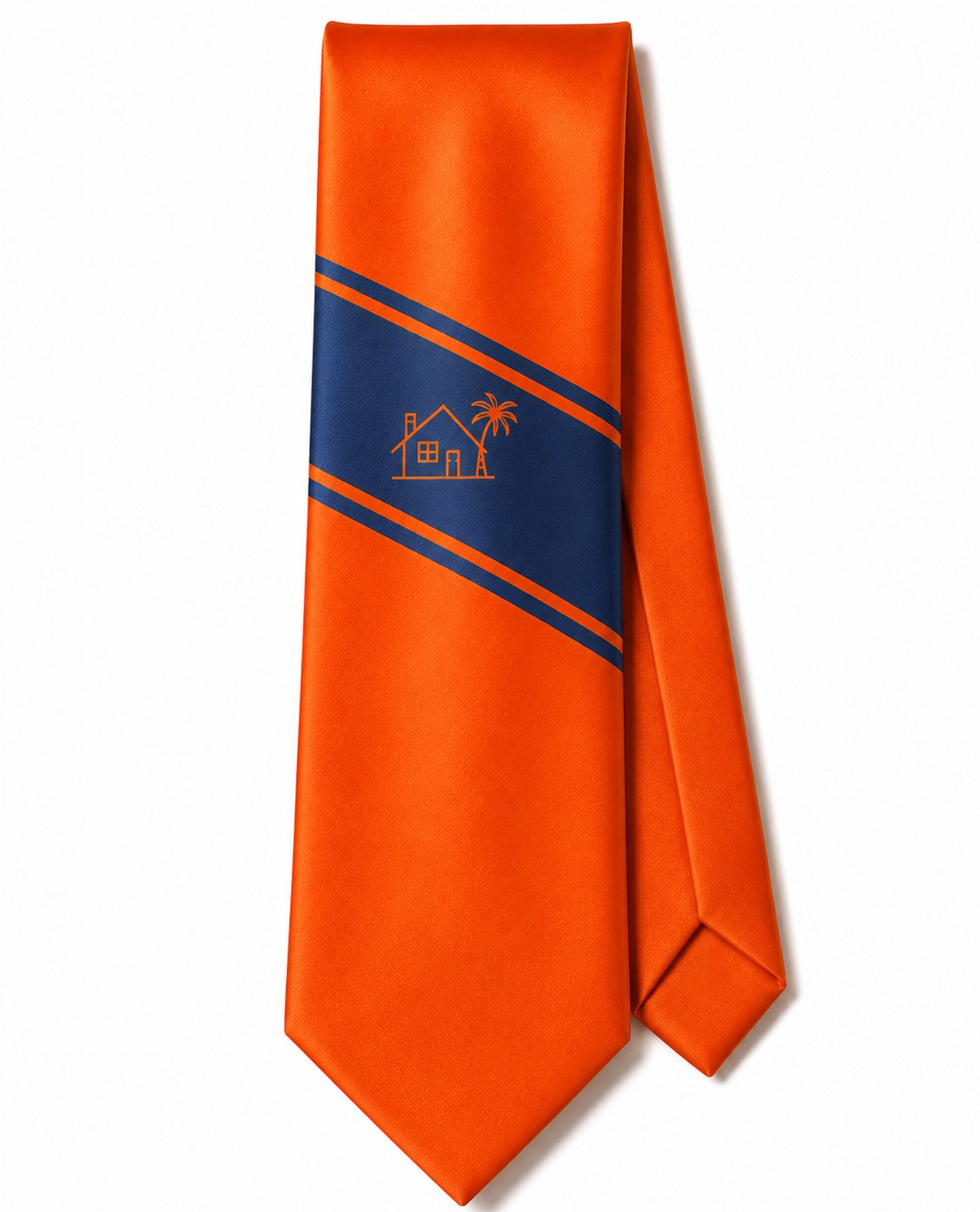 Closet Nerdz Higher Ground satin tie in bold orange with a deep navy diagonal stripe and island house icon.