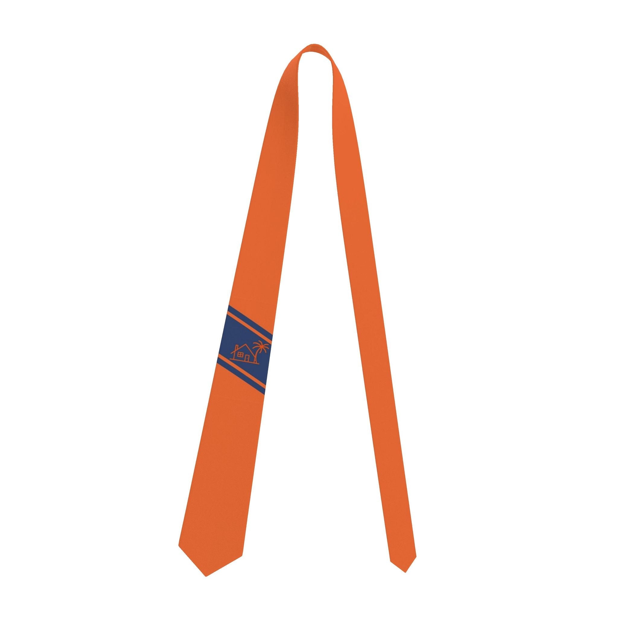 Closet Nerdz Higher Ground satin tie in bold orange with a navy blue accent stripe featuring island-inspired art.