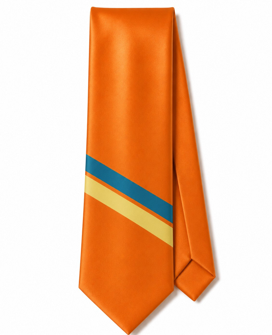 Closet Nerdz High Noon satin tie in bold orange with diagonal deep blue and warm yellow stripes.