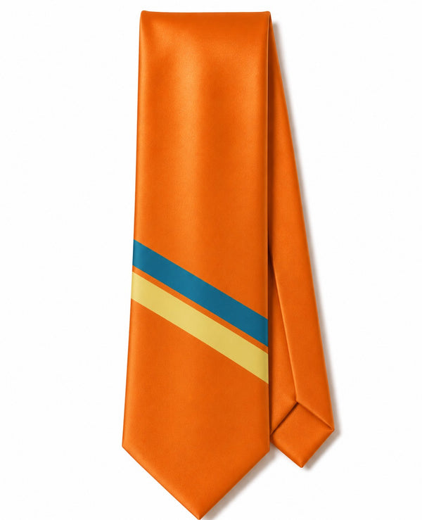 Closet Nerdz High Noon satin tie in bold orange with diagonal deep blue and warm yellow stripes.