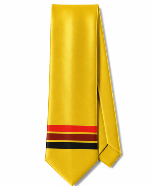 Closet Nerdz satin tie in electric yellow with minimalist red, brown, and black stripes for formal or office wear.